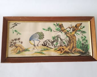Obra de arte original vintage representando um pavão e árvores, datada de cerca de 1950. Desenho original assinado e emoldurado de pássaros.