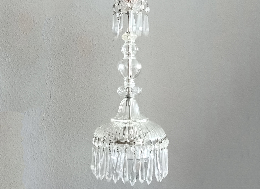 Antique Glass Chandelier With Glass Shades and Crystals Made in Spain