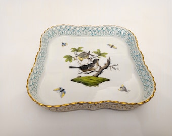 Vintage Herend square tray from Hungary Herend Rothschild collection with bird design openwork reticulated tray or dish circa 1960 numbered