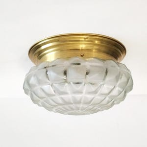 Large Art Deco frosted glass ceiling light with geometric design and brass base circa 1920 vintage flush mount ceiling light with squares