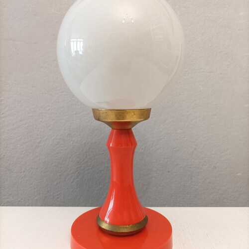 Pop era mid century modern orange and brass side table lamp shops with white opaline globe 1970s