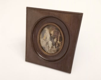 French vintage miniature circa 1950 wooden miniature picture with convex glass and brass rim