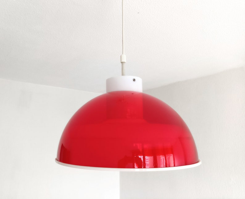 Mcm red and white space age methacrylate pendant light made in the 1970's red plexiglas light image 5