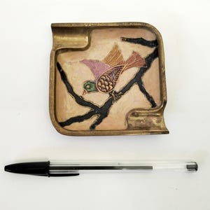 Cloisonné metal tray or ashtray featuring a bird circa 1980 Enameled bird trinket dish bird lovers ashtray