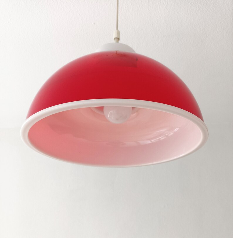 Mcm red and white space age methacrylate pendant light made in the 1970's red plexiglas light image 2