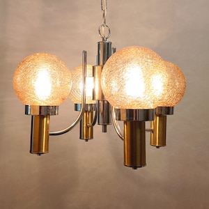 Italian chandelier chrome and gold pendant light with caramel color glass globes circa 1970 large hanging lamp with glass shades from Italy