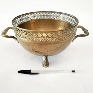 Brass planter with claw feet and handles circa 1960 Small Spanish brass planter cache pot with reticulated gallery plant pot jardiniere