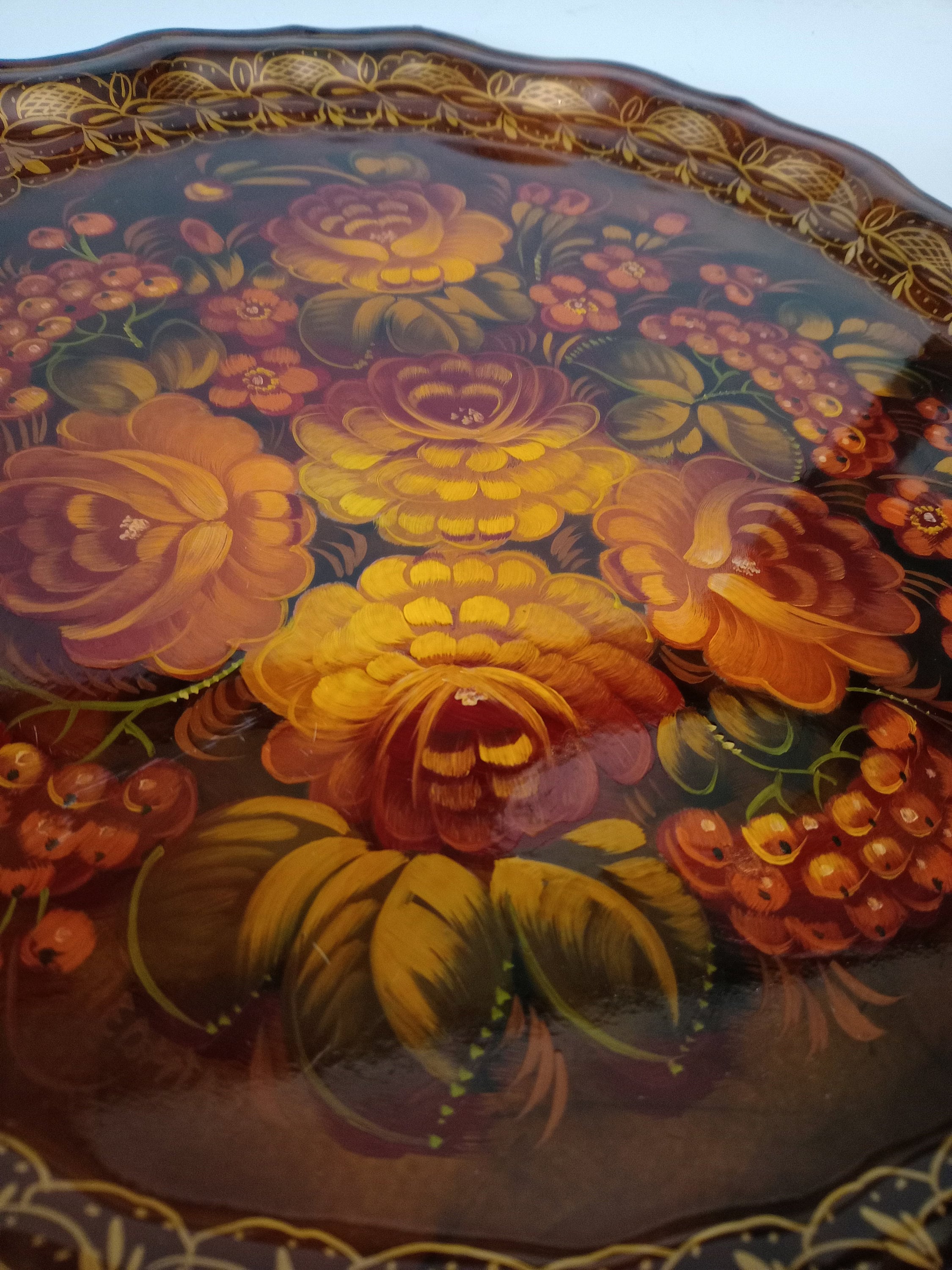Ancien Plateau Russe Zhostovo Peint à La Main - Années 1940 - Décor Floral Sur Laque Noire