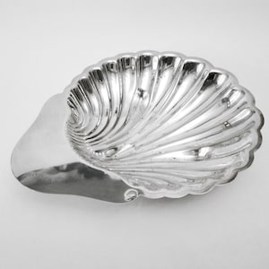 May include: A polished silver-toned metal dish shaped like a scallop shell. The interior features deep, radiating fluted grooves that extend from the base to the scalloped edge, creating a reflective surface with a smooth, curved handle area.
