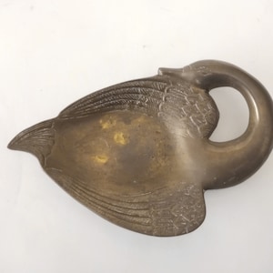 Mcm small brass tray or trinket dish featuring a swan circa 1970 bird ashtray or catchall tray or dish Spain Art Deco style tray