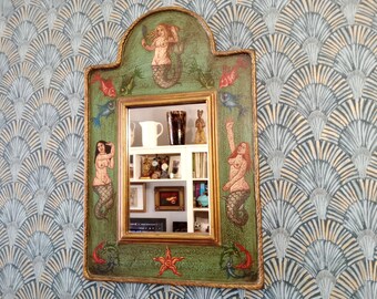 Vintage Spanish mirror with hand painted mermaids and fish circa 1950 hand painted decorative wall mirror Moroccan style mirror