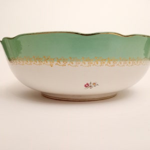 Vintage French serving bowl Digoin Sarreguemines pastel green with flowers and gold border stamped Chenonceaux Cibon France large salad bowl