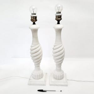 Carved alabaster neo-classical table lamps from Spain circa 1960 pair of tall mcm alabaster lamps vintage marble lamps