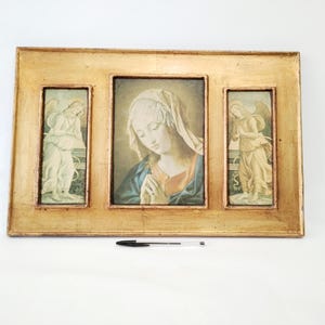 Religious picture of Mary and angels Spain circa 1960 Large triptych style picture with faux gold leaf religious art decor catholic icon