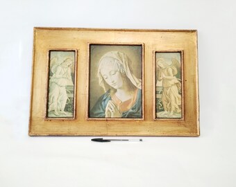 Religious picture of Mary and angels Spain circa 1960 Large triptych style picture with faux gold leaf religious art decor catholic icon