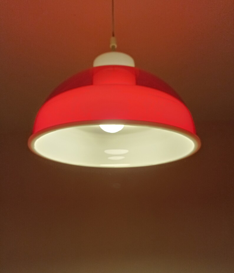 Mcm red and white space age methacrylate pendant light made in the 1970's red plexiglas light image 3