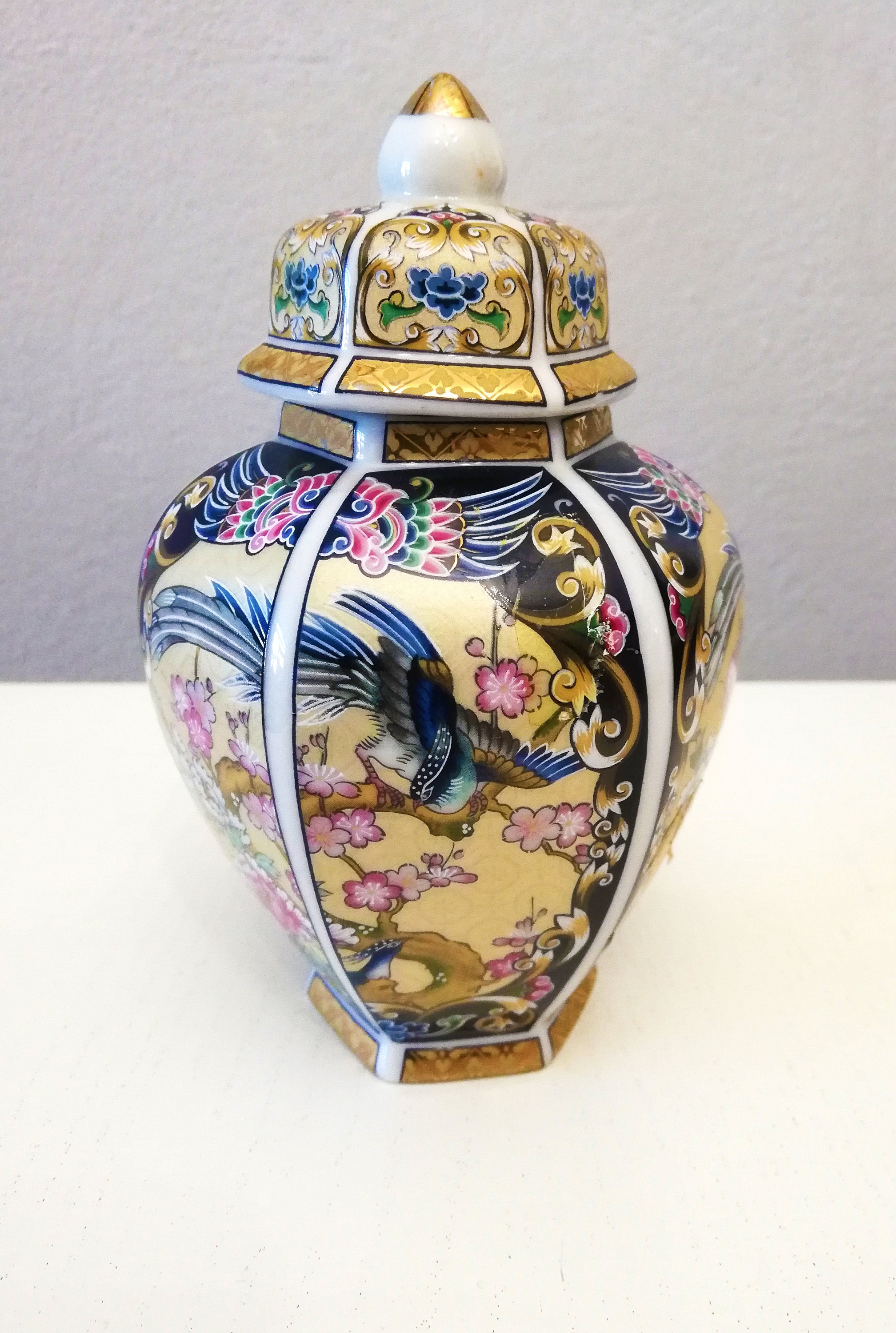 Small Japanese Black and Gold Porcelain Vase With Flowers
