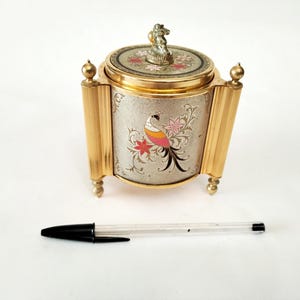 Small jewellery music box made in Japan circa 1970 Round metal music box plays For Elise jewelry Trinket box with exotic birds