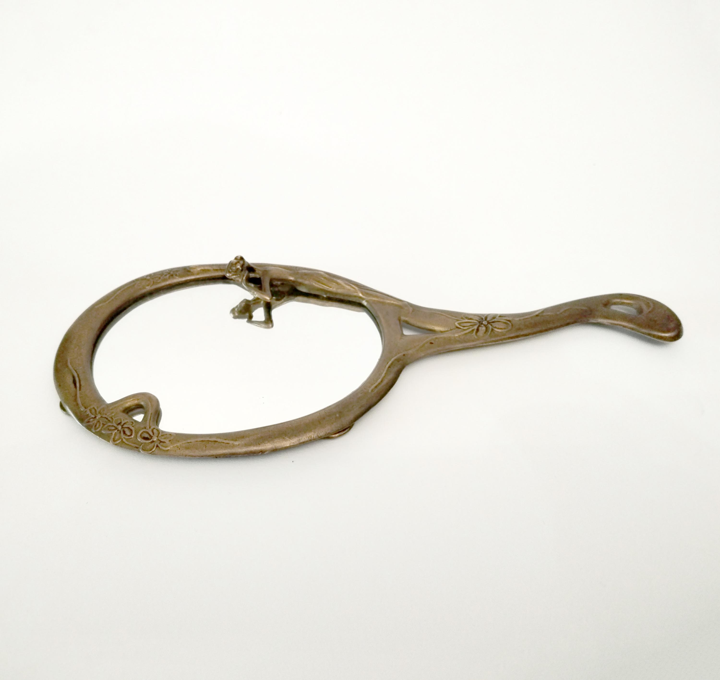 Brass Art Nouveau hand mirror circa 1930 Ornate antique vanity hand mirror with nymph and flowers from France hand held mirror