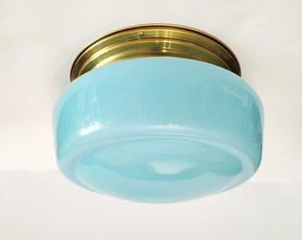 Antique blue opaline flush mount ceiling light from Spain circa 1920  art deco opaline with brass blue milk glass light