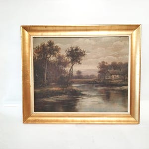 French oil painting on canvas circa 1900 framed landscape painting with wooden frame of house by the river and trees painting by L.Michou