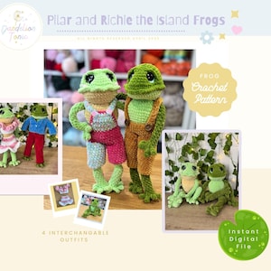 Puede incluir: Patrón de crochet para dos peluches de rana verde llamados Pilar y Richie. Las ranas llevan atuendos intercambiables. El patrón está disponible como descarga digital instantánea.