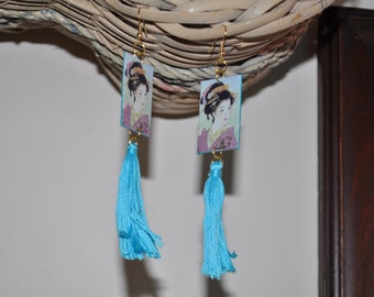 Geisha earrings-Japanese earrings- Asian earrings-tassel earrings-handmade earrings-paper earrings-Geisha jewelry-vintage geisha