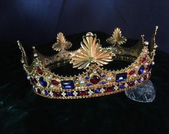 Ducal Medieval gold crown metal king queen  coronet pearls gems strawberry leaves,  personalized, custom colors