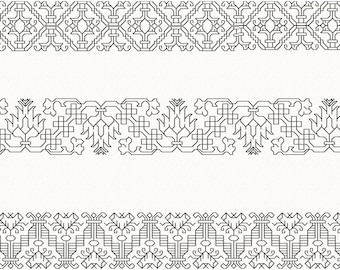 46 inch long strip of machine embroidered Blackwork embroidery on linen