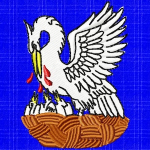 May include: A white pelican with a yellow beak and red blood on its chest, feeding its young in a brown woven nest on a blue background.