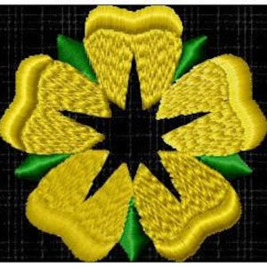 May include: A yellow flower with five petals and a green leaf on each side. The flower has a black center.