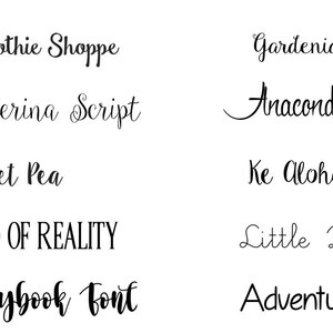 May include: A collection of text phrases in various cursive and sans-serif fonts. Phrases include "Smoothie Shoppe", "Ballerina Script", "Sweet Pea", "Band of Reality", "Storybook Font", "Gardenia", "Anacondas", "Ke Aloha", "Little Days", and "Adventures".