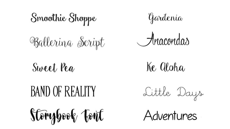 May include: A collection of text phrases in various cursive and sans-serif fonts. Phrases include "Smoothie Shoppe", "Ballerina Script", "Sweet Pea", "Band of Reality", "Storybook Font", "Gardenia", "Anacondas", "Ke Aloha", "Little Days", and "Adventures".