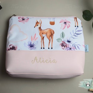 Kulturtasche mit namen birthday gift kids toiletry bag necessaire artificial leather with name personalized kids pouch travel bag deer
