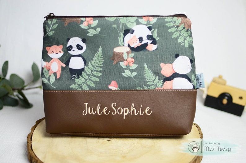 Kulturtasche mit namen birthday gift kids toiletry bag necessaire artificial leather with name personalized kids pouch travel bag panda fox