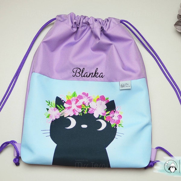 embroidered kids drawstring bag kitty blue | waterproof back to school bag | turnbeutel für kinder | nursery backpack for girls | with name