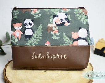 Waterproof Culture bag emboidery | panda fox | birthday gift kids toiletry bag | necessaire artificial leather | with name | personalized