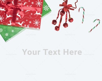 Download Free Christmas Gift Box Flat Lay Styled Stock Photo Staged Photography Product Mockup Candy Cane Bells Stock Photography Commercial Use All Psd Mockups Template PSD Mockup Template