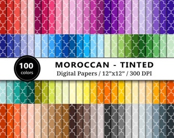 Tinted Moroccan Digital Paper, 100 Rainbow Colors, Quatrefoil Pattern Scrapbook Paper, Geometric Background, Scrapbooking, Instant Download