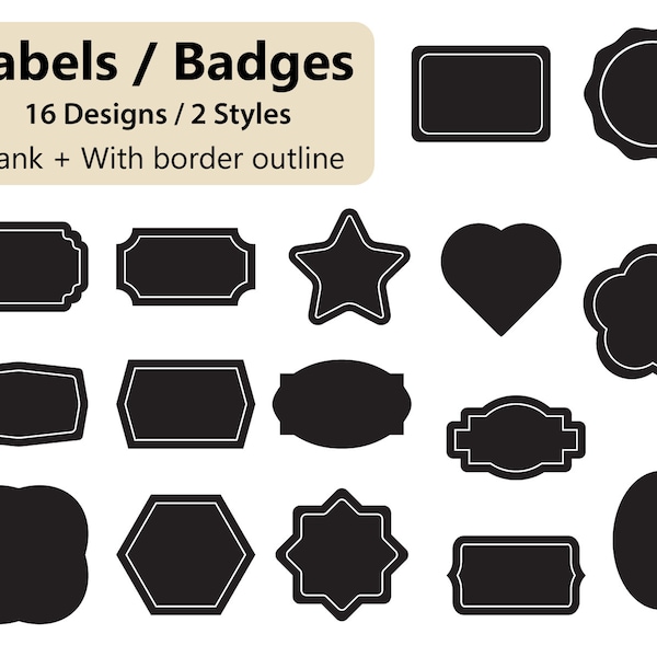 32 Printable Pantry Labels, Black Badges, 16 Designs in 2 Styles, Chalkboard Jar Labels, School Tags, Digital Download, Commercial Use