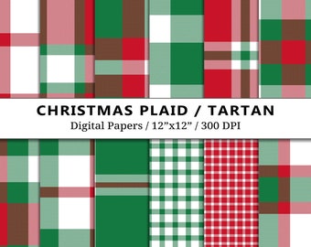 Christmas Tartan Plaid Digital Papers, Green and Red Buffalo Plaid, Texture, Gingham Xmas Backgrounds, Scrapbook Papers, Instant Download