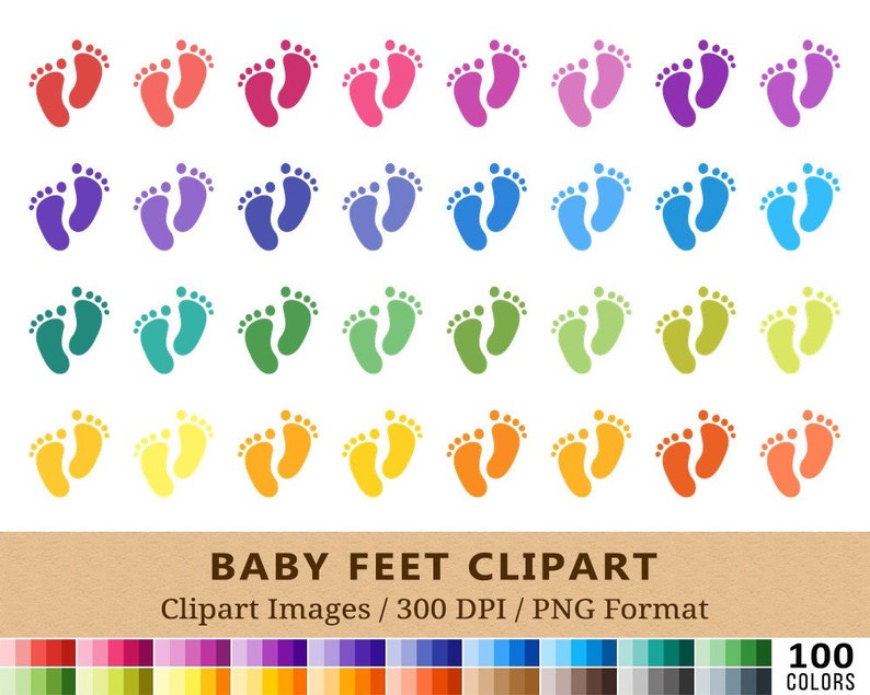 100 Baby Footprint Clipart, Baby Feet, Newborn, Rainbow Colors, Vector