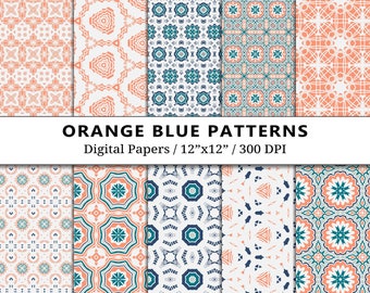 Orange Blue Geometric Patterns, Coordinating Digital Papers, Flowers Texture Scrapbook Paper, Scrapbooking, Instant Download, Commercial Use