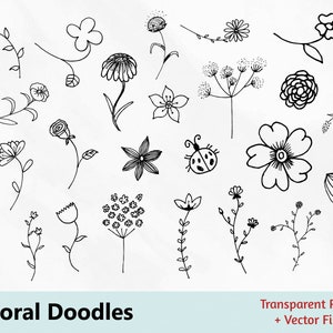 Hand Drawn Floral Doodle Elements, Flowers, Plant Branches, Sketch Drawing, Instant Download, Leaves Clipart, Commercial Use, Vector EPS PNG