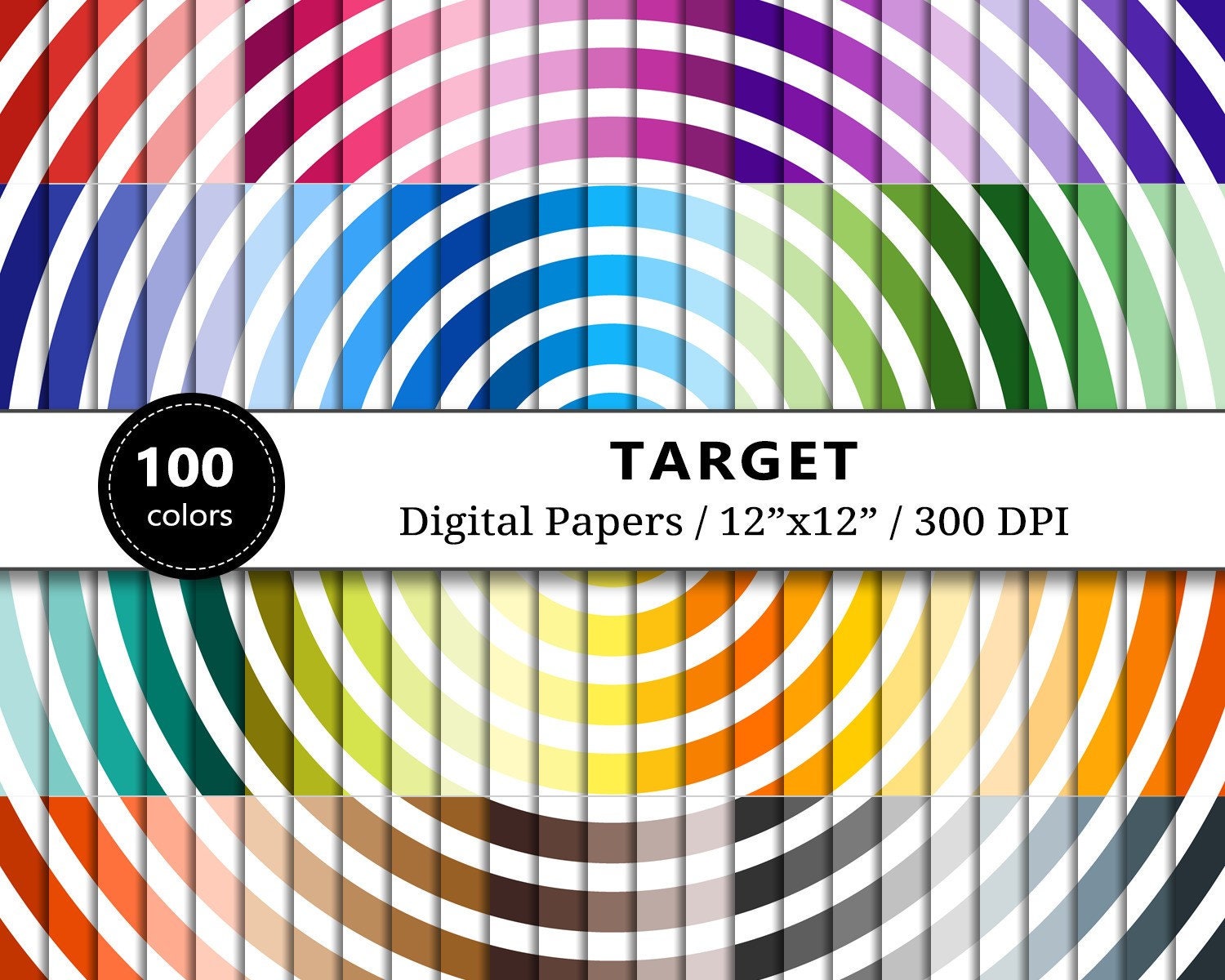 Target Digital Paper, 100 Rainbow Colors, White Target Pattern ...