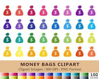 100 Money Bag Clipart, Coin Pouch Clip Art,  Dollar, Cash, Pay Day, Rainbow Colors, Planner Stickers, Bank, Scrapbooking, Vector EPS PNG