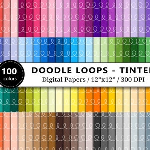 May include: A set of 100 digital papers featuring a white doodle loop pattern on a variety of colored backgrounds. The papers are 12 inches by 12 inches and 300 DPI.