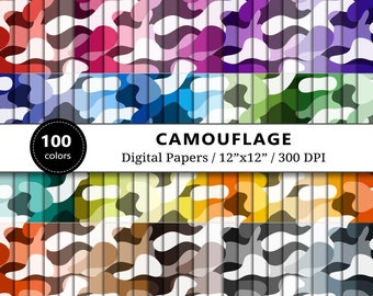 Camouflage Digital Paper, 100 Rainbow Colors, Hunter, Military, Jungle, Desert, Bushes, Camo Backgrounds, Scrapbooking, Commercial Use