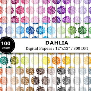 Dahlias Digital Paper, 100 Rainbow Colors, Floral Scrapbook Papers Printable, Blossom Flower Backgrounds, Scrapbooking, Instant Download