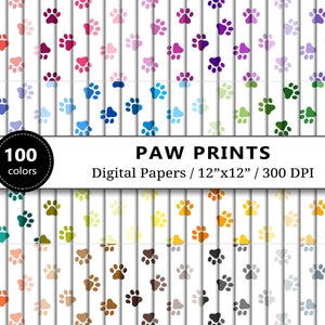 Paw Print Digital Paper, 100 Rainbow Paws, Animal Prints Scrapbook Papers Printable, Cat Dog Paw Background, Scrapbooking, Instant Download